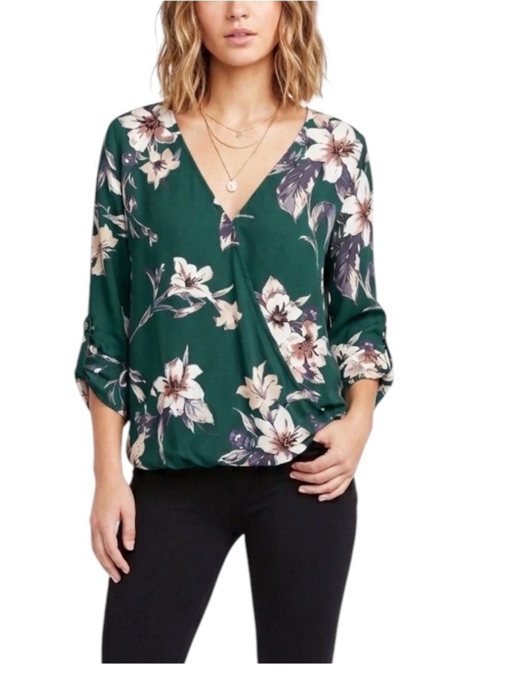 West Kei Green Floral Faux Wrap Blouse  XL